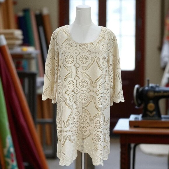 Pretty Angel Cream Crochet Lace Tunic Dress Size XL Boho Festival Beach Chic - Picture 1 of 11